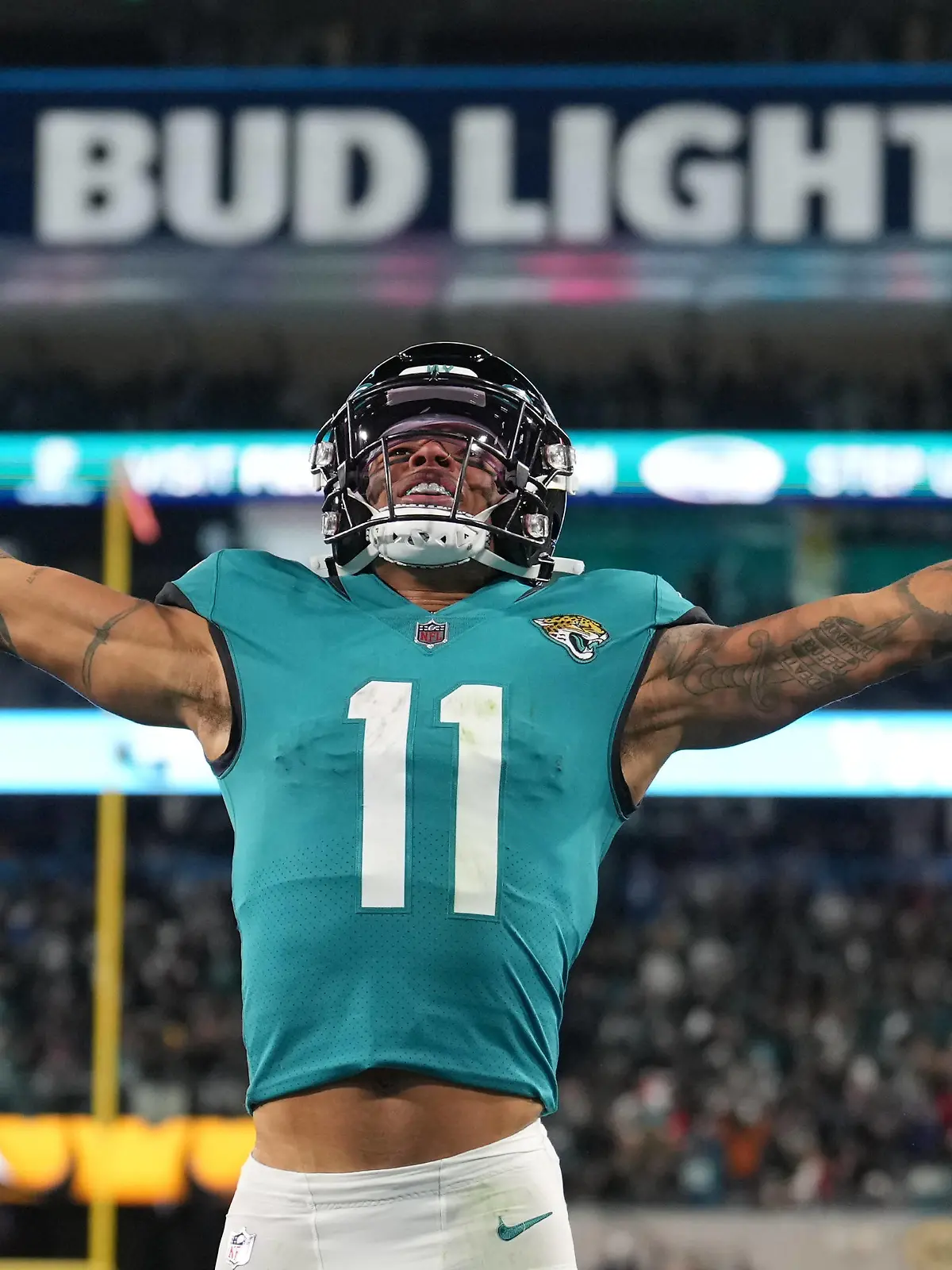 January 14, 2023, Jacksonville, Florida, USA: Jacksonville Jaguars wide receiver Marvin Jones Jr. 11 celebrates his touchdown reception during the wild card playoff game between the Los Angeles Chargers and the Jacksonville Jaguars, Saturday, Jan. 14, 2023 at TIAA Bank Field in Jacksonville, Fla. Jacksonville USA - ZUMAj102 20230114_zap_j102_010 Copyright: xPeterxJoneleitx