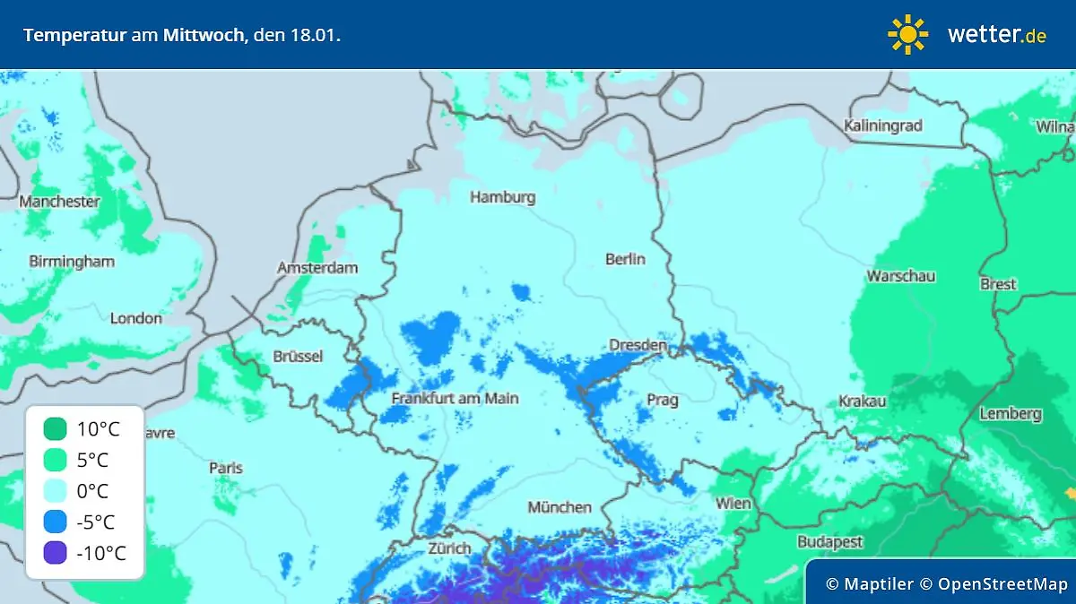 Höchsttemperaturen am Mittwoch, 18. Januar 2023, in Deutschland