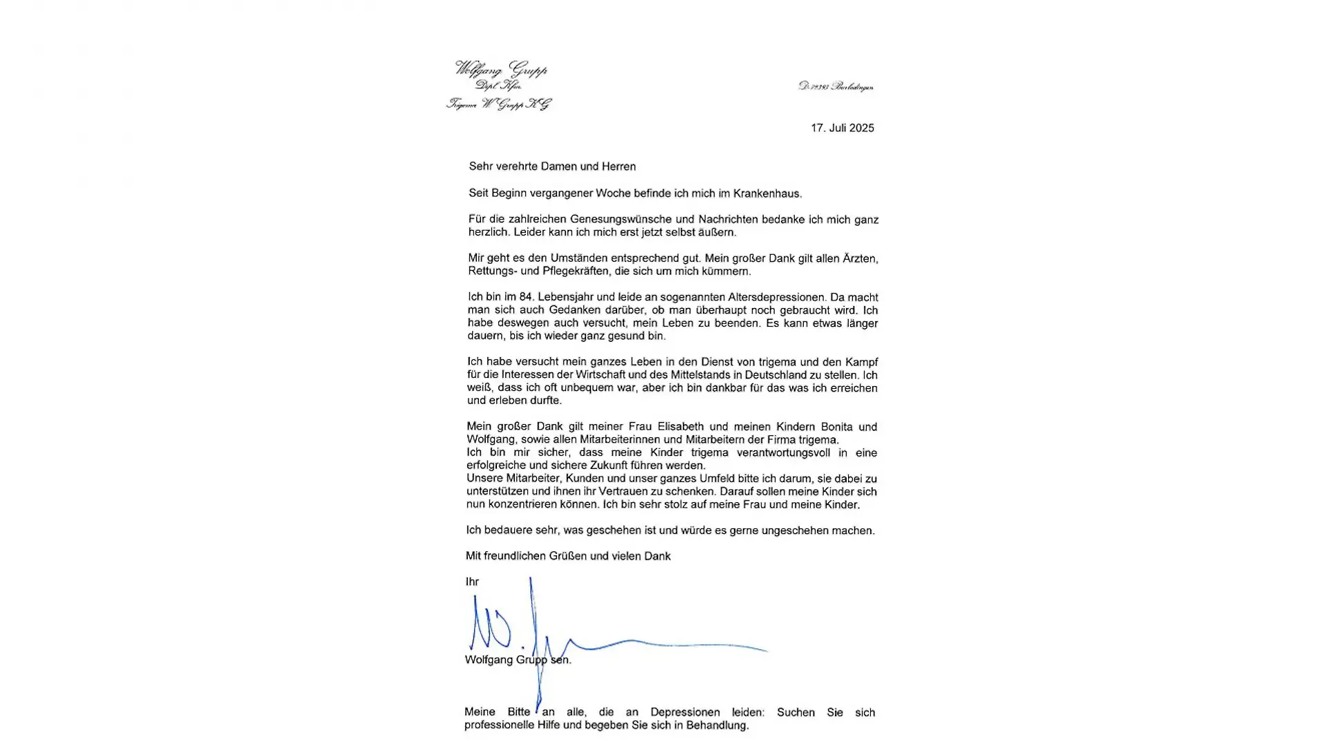 Der Brief von Wolfgang Grupp im Wortlaut 