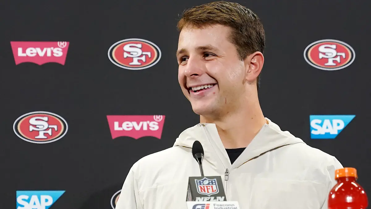 San Francisco 49ers quarterback Brock Purdy speaks at a news conference after an NFL wild card playoff football game against the Seattle Seahawks in Santa Clara, Calif., Saturday, Jan. 14, 2023. (AP Photo/Godofredo A. Vásquez)