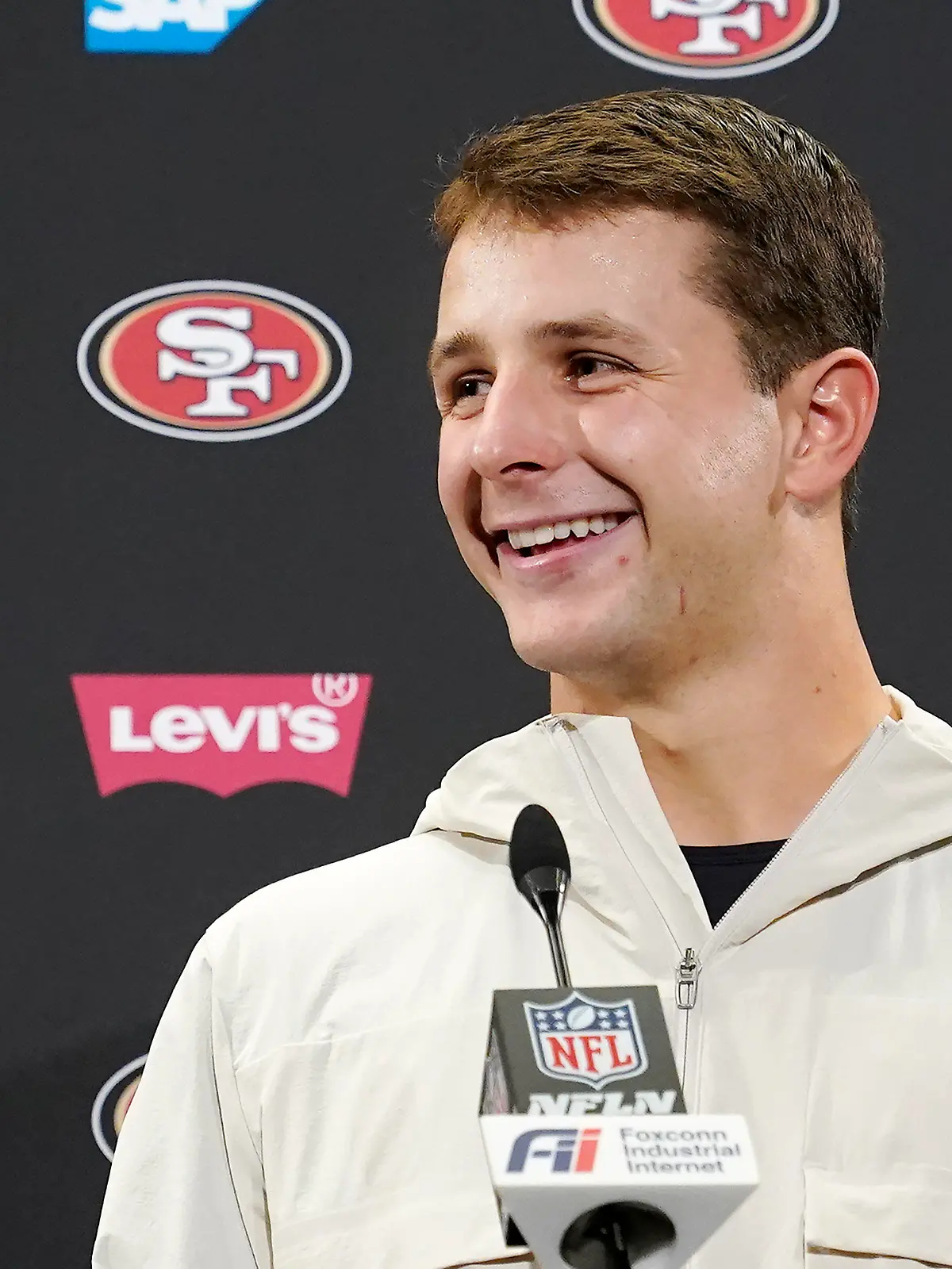 San Francisco 49ers quarterback Brock Purdy speaks at a news conference after an NFL wild card playoff football game against the Seattle Seahawks in Santa Clara, Calif., Saturday, Jan. 14, 2023. (AP Photo/Godofredo A. Vásquez)