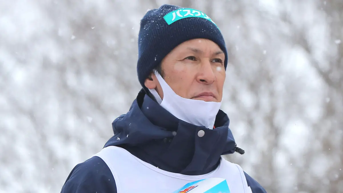 48year-old Noriaki Kasai, Japanese legendary ski jumper reacts after placing 5th in the men's event of the Snow Brand Yuki-jirushi Megmilk Cup Ski Jumping competition in Sapporo, Hokkaido on Feb. 11, 2021. ( The Yomiuri Shimbun via AP Images )