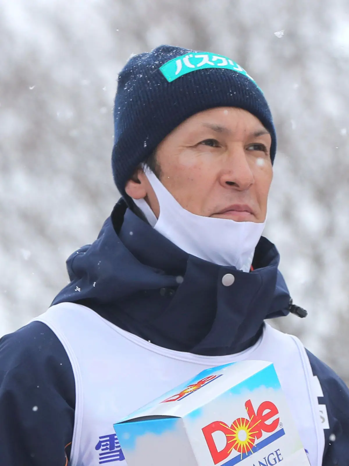 48year-old Noriaki Kasai, Japanese legendary ski jumper reacts after placing 5th in the men's event of the Snow Brand Yuki-jirushi Megmilk Cup Ski Jumping competition in Sapporo, Hokkaido on Feb. 11, 2021. ( The Yomiuri Shimbun via AP Images )