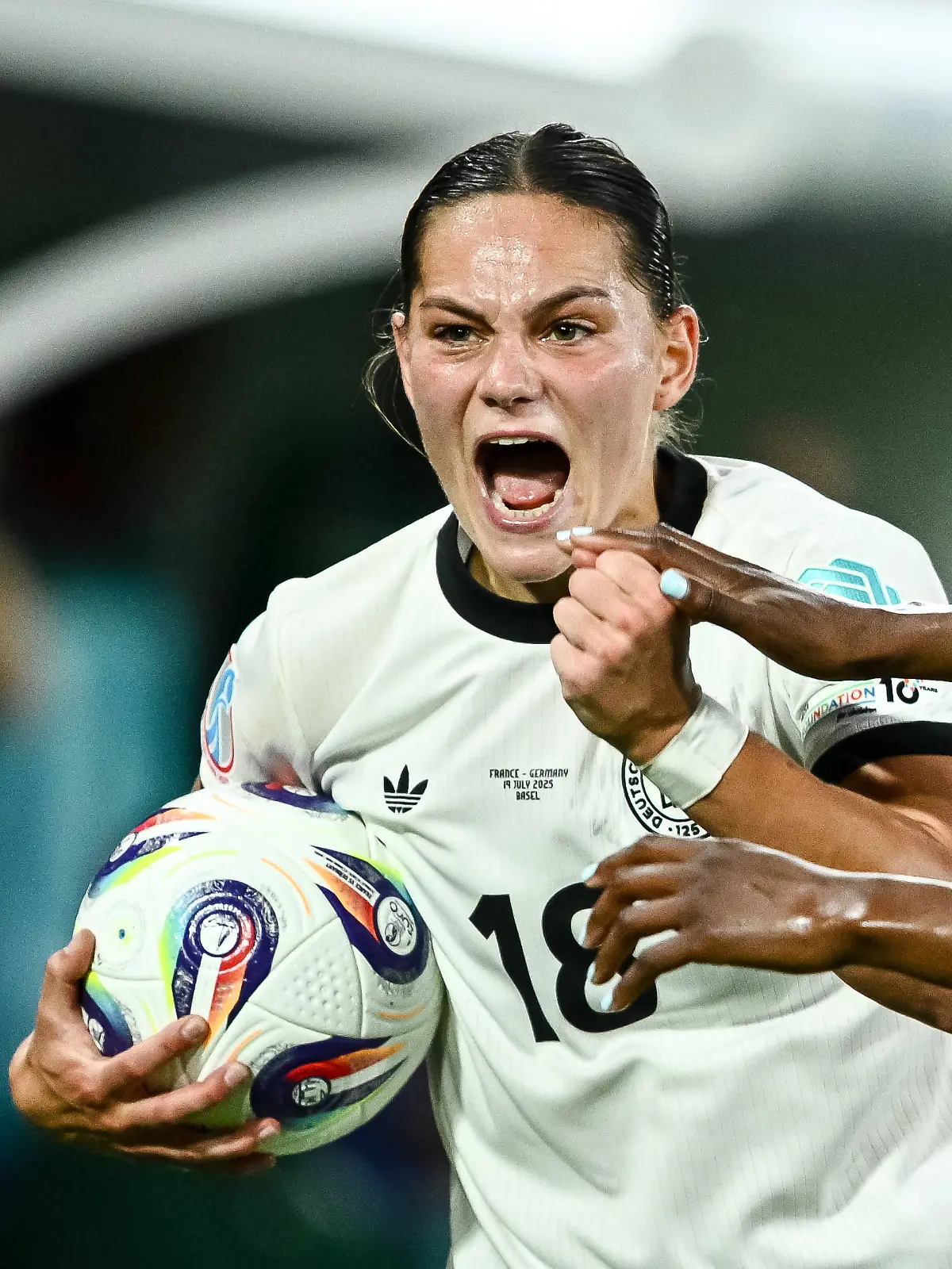 Giovanna Hoffmann Germany gestures during the UEFA Women s EURO 2025 Quarter-Final match between France and Germany at St. Jakob-Park on July 19, 2025 in Basel, Switzerland.