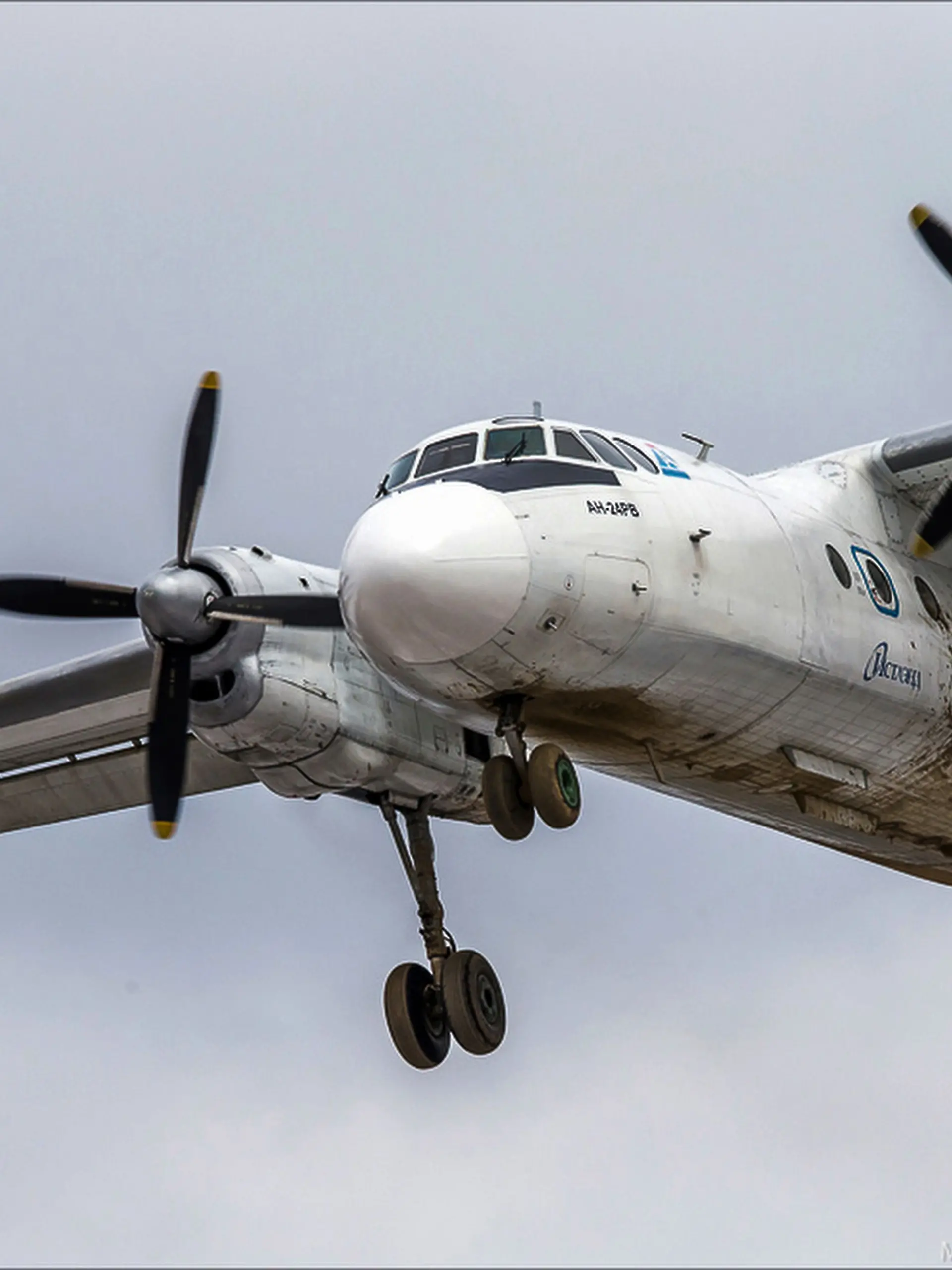 Eine russische An-24-Passagiermaschine der in Sibirien ansässigen Angara Airlines, dieselbe Flugzeugmarke, die mit 49 Passagieren an Bord in der fernöstlichen Amur-Region des Landes abgestürzt ist, überfliegt einen Flughafen bei Irkutsk, Russland. 