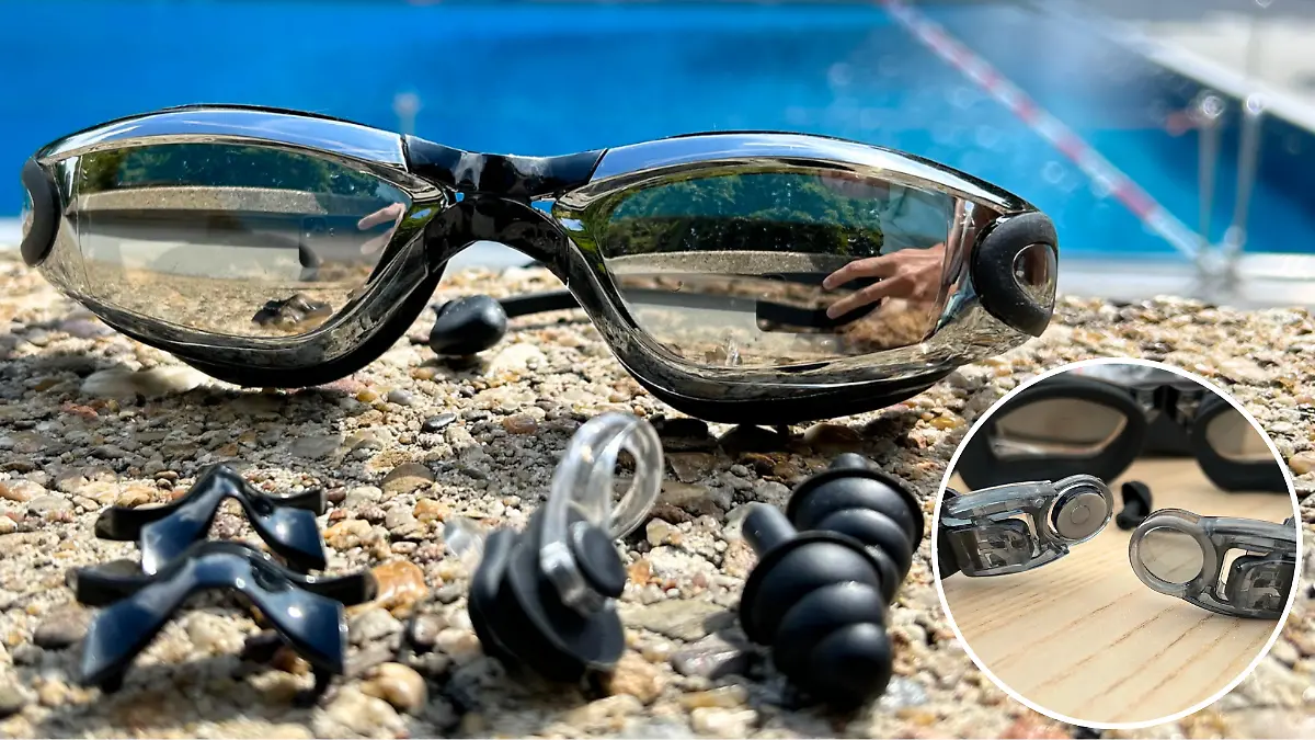 Die Beeway Schwimmbrille gibt’s mit viel Zubehör Schnellverschluss.