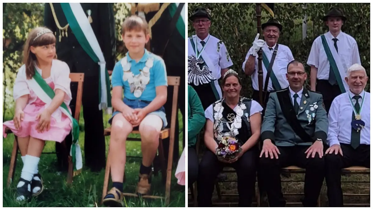 Ein Schützenpaar ist zu sehen, daneben ein Kinderfoto der beiden ebenfalls als Schützenkönige.