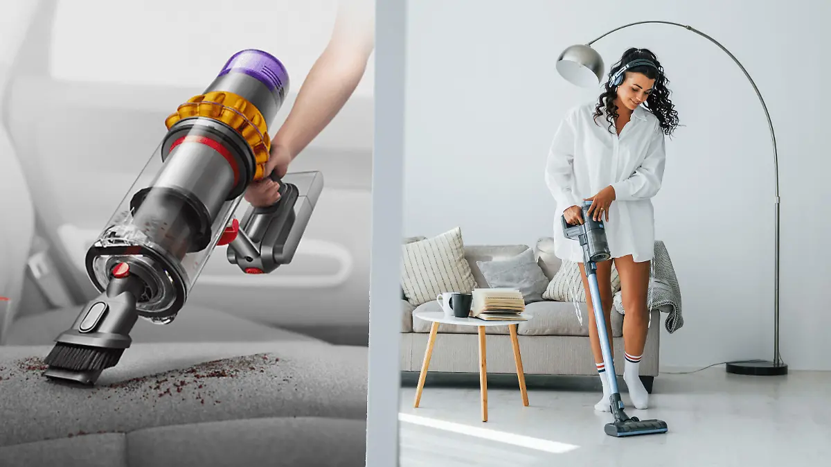 Frau mit Dyson V15 Detect Staubsauger putzt.