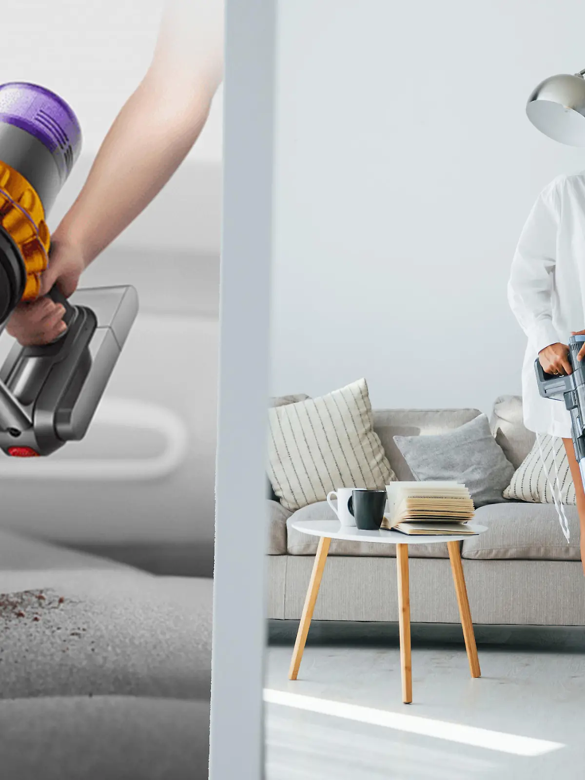 Frau mit Dyson V15 Detect Staubsauger putzt.