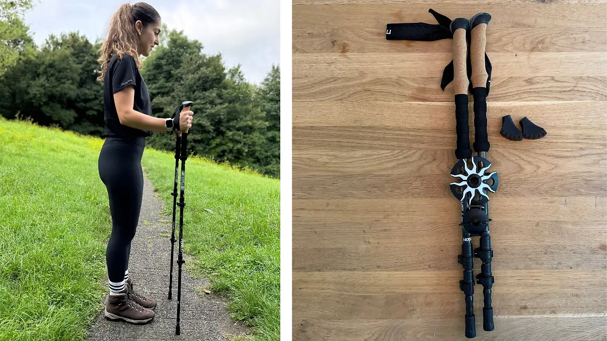 Redakteurin hält Wanderstöcke in der Hand. Wanderstöcke mit Zusatzequipment liegen auf dem Tisch.