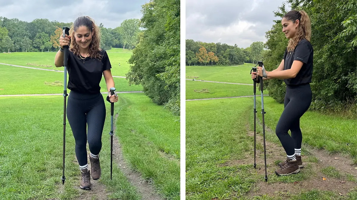 Reporterin mit den Wanderstöcken von Decatlon im Gelände unterwegs.