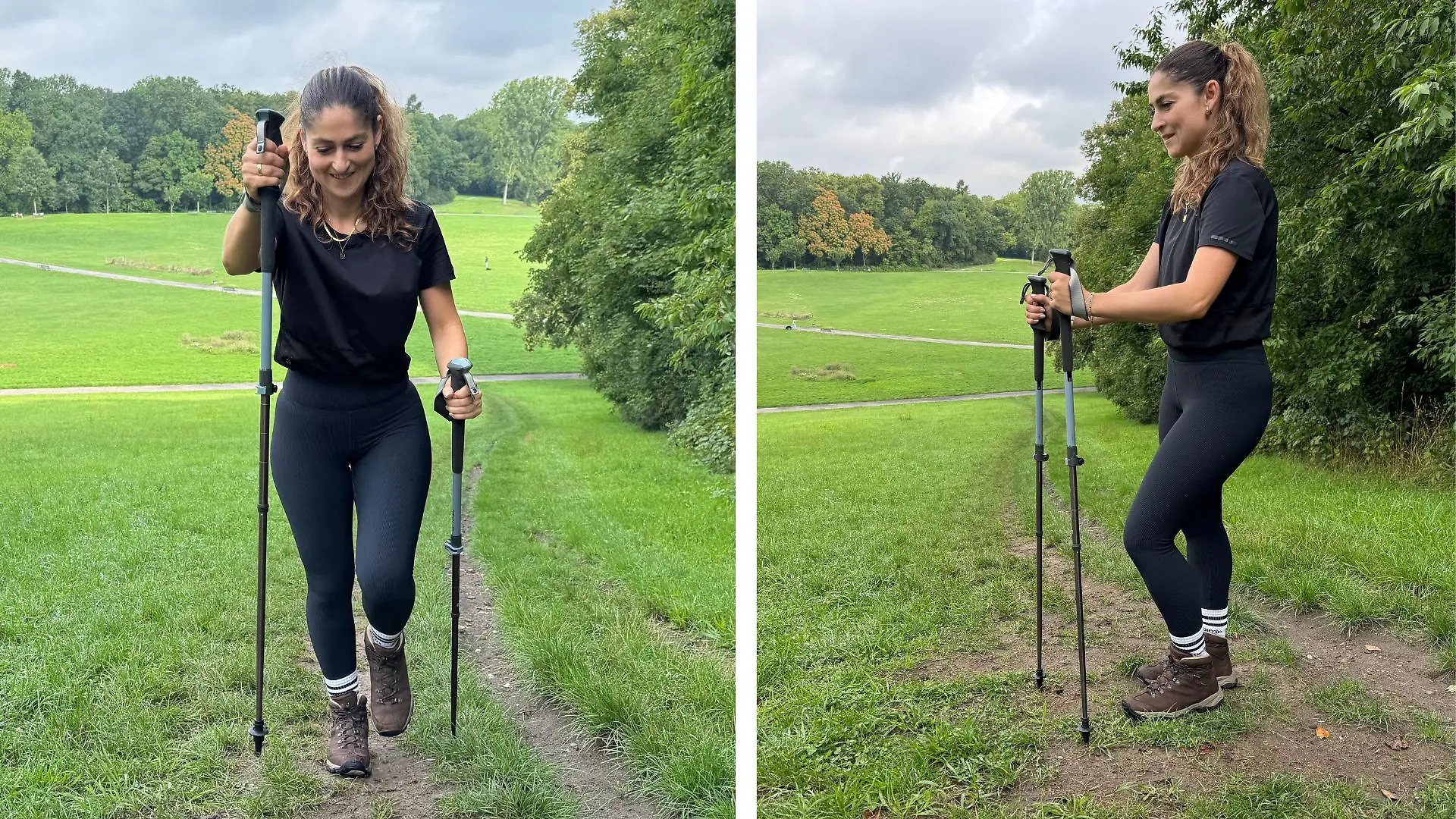 Reporterin mit den Wanderstöcken von Decatlon im Gelände unterwegs.