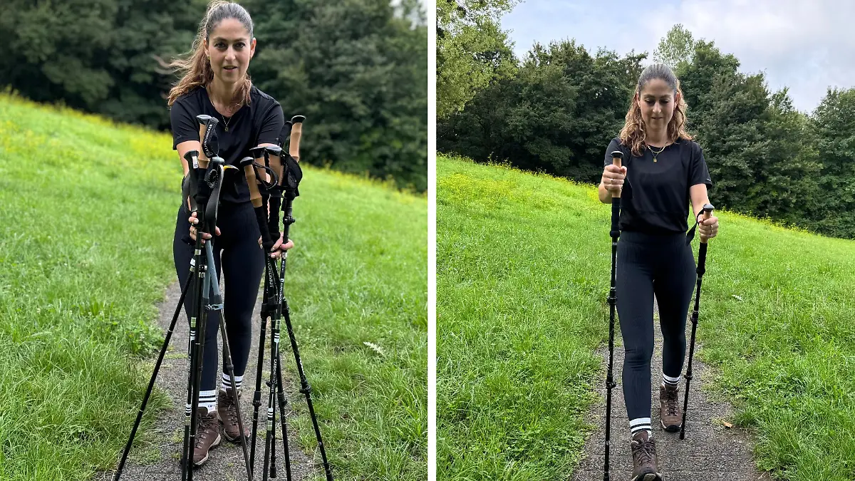 Reporterin mit Wanderstöcken im Wald.
