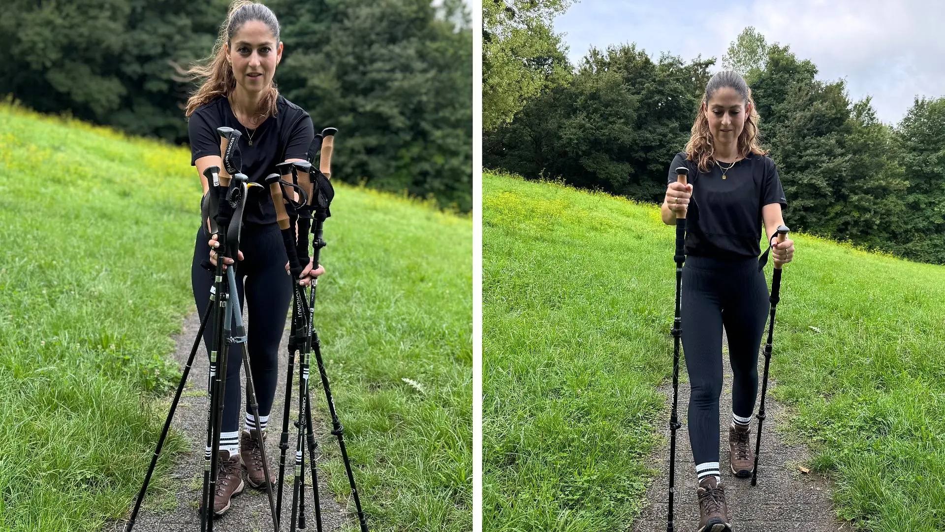 Reporterin mit Wanderstöcken im Wald.