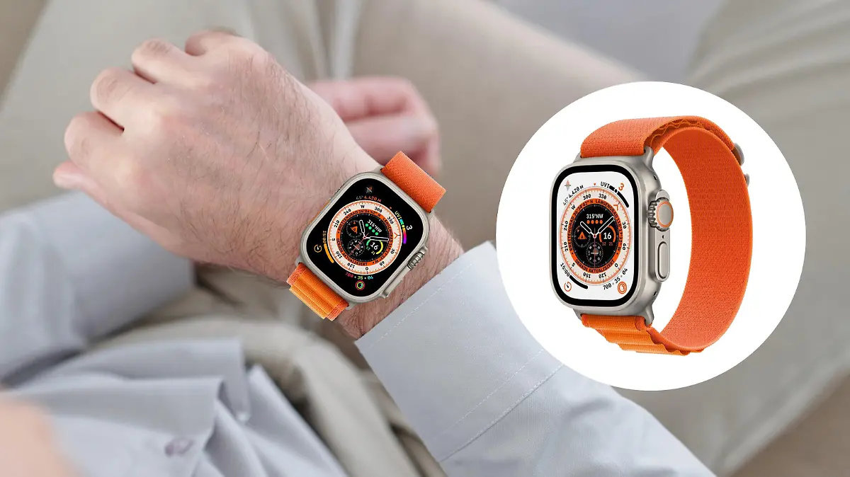 Ein Foto auf dem ein maskulines Handgelenk fotografiert wird, welches die Apple Watch Ultra in Orange trägt. Auf der rechten Seite ein weißer Kreis indem die Apple Watch Ultra in Orange näher abgebildet ist.