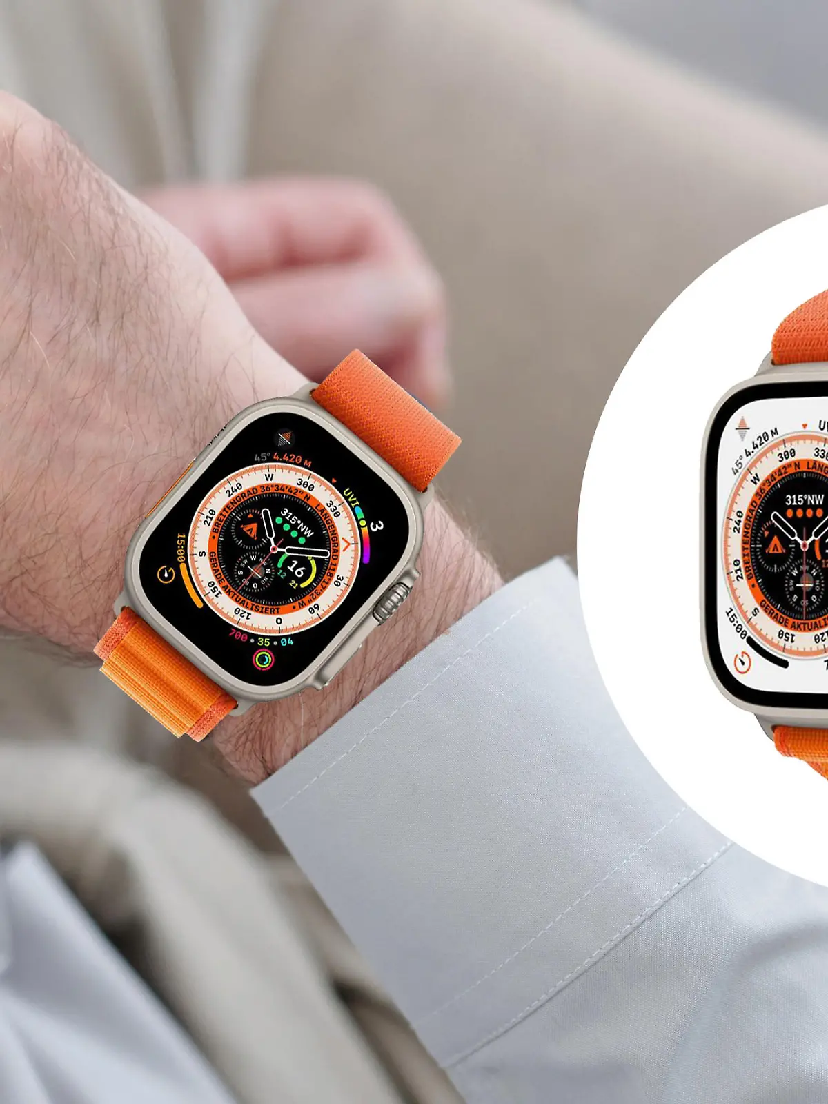 Ein Foto auf dem ein maskulines Handgelenk fotografiert wird, welches die Apple Watch Ultra in Orange trägt. Auf der rechten Seite ein weißer Kreis indem die Apple Watch Ultra in Orange näher abgebildet ist.