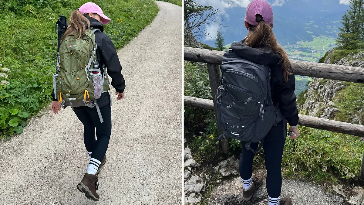 Reporterin ist mit zwei Wanderrucksäcken in den Bergen unterwegs.