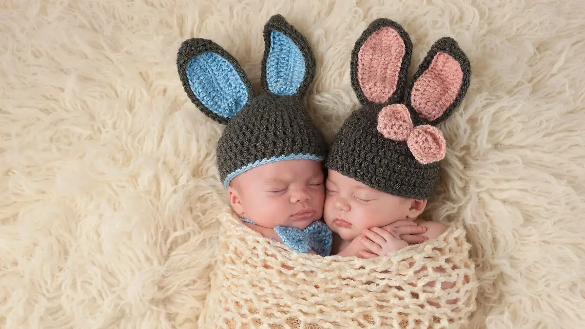 Sleeping 2 month old newborn baby twins wearing bunny costumes. They are swaddled together in a hugging position.
