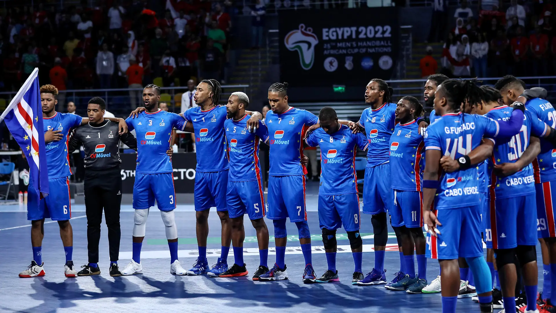 Egypt And Cabo Verde At African Handball Cup Of Nations Cabo Verde team during Final match between Egypt and Cabo Verde at Mens handball African cup of nations on Hassan Mustafa Hall Complex s on July 18, 2022 in Giza, Egypt. Giza Egypt PUBLICATIONxNOTxINxFRA Copyright: xAymanxArefx originalFilename:aref-notitle220718_npm1b.jpg 