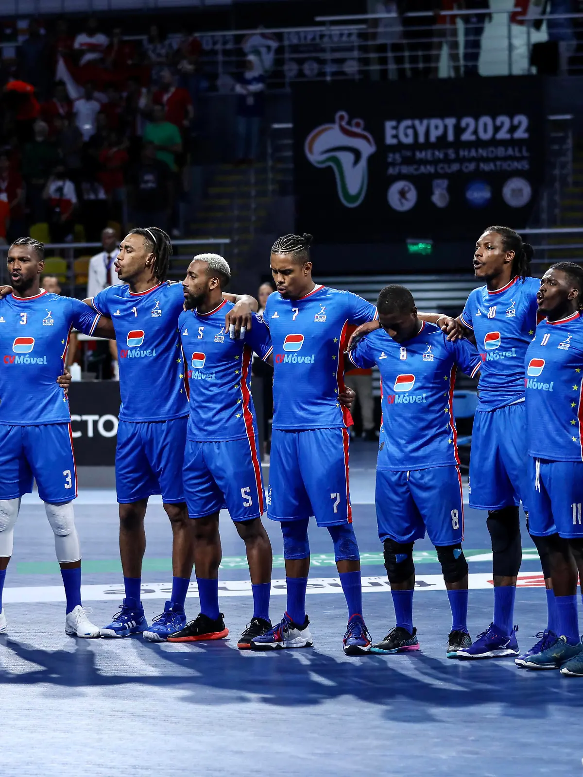 Egypt And Cabo Verde At African Handball Cup Of Nations Cabo Verde team during Final match between Egypt and Cabo Verde at Mens handball African cup of nations on Hassan Mustafa Hall Complex s on July 18, 2022 in Giza, Egypt. Giza Egypt PUBLICATIONxNOTxINxFRA Copyright: xAymanxArefx originalFilename:aref-notitle220718_npm1b.jpg 