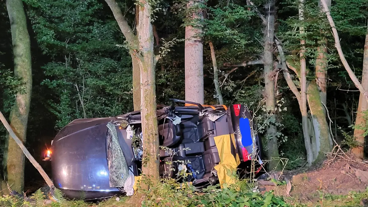 Der Unfallwagen schleuderte in eine Baumgruppe am Straßenrand. Die vier Insassen kommen ums Leben.
