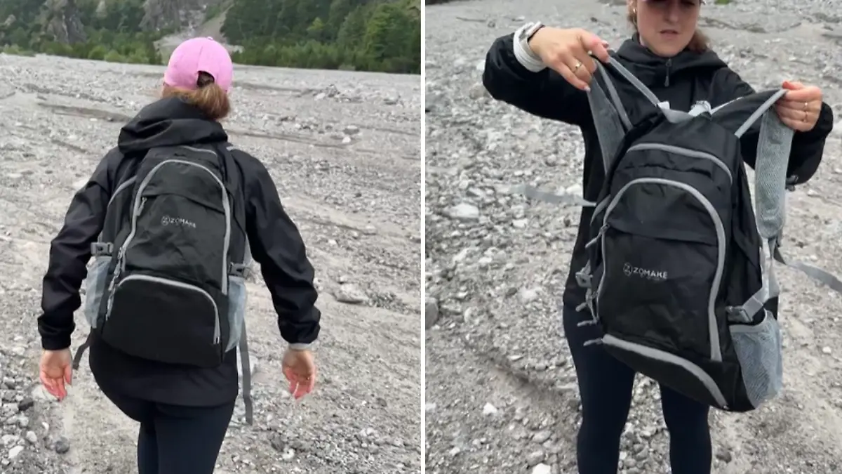 Reporterin hält Ruckack in der Hand und trägt ihn am Rücken.