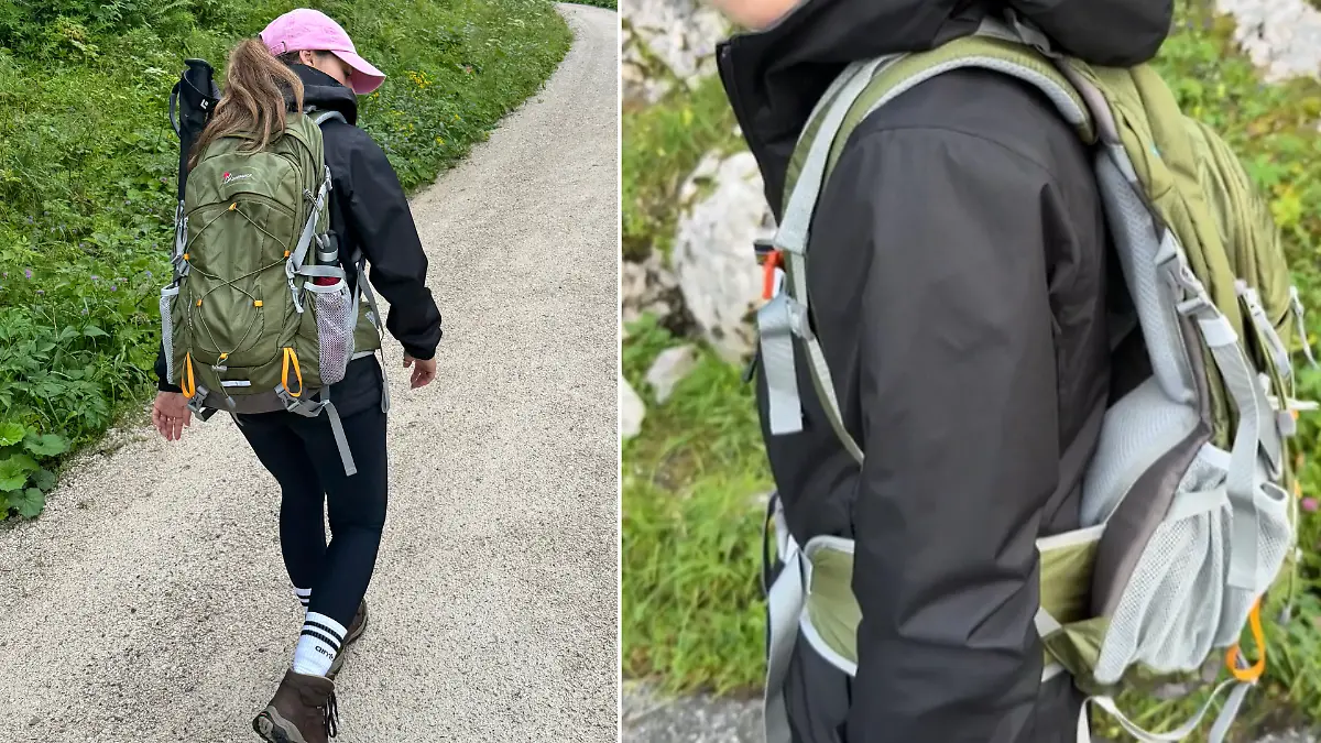 Repoterin trägt grünen Wanderrucksack