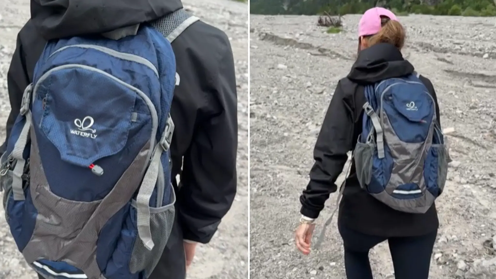 Reporterin mit faltbaren Rucksack in den Bergen