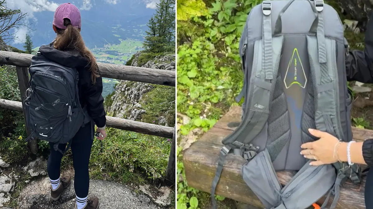 Repoterin mit Testsieger beim wandern in den Bergen. Der Windkanal am Rücken sorgt für eine gute Durchlüftung.