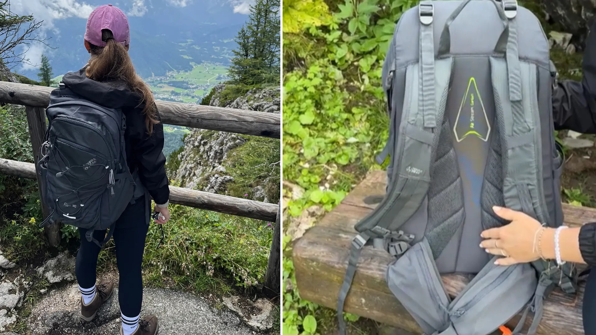 Repoterin mit Testsieger beim wandern in den Bergen. Der Windkanal am Rücken sorgt für eine gute Durchlüftung.