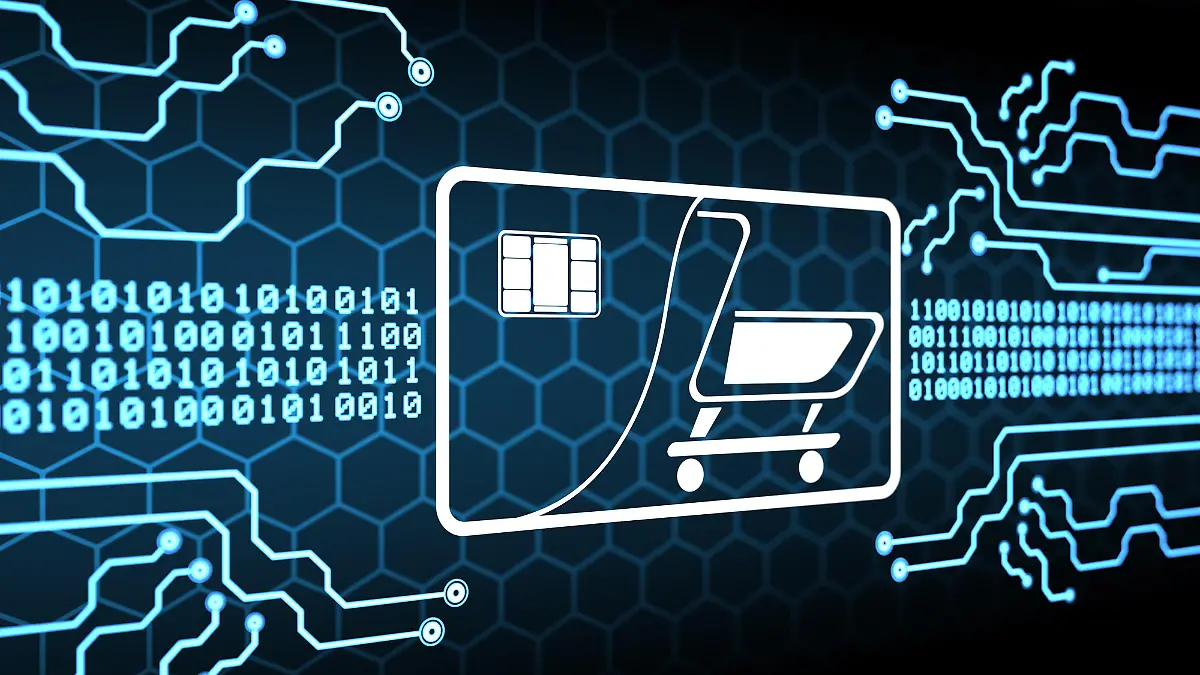 Internet buy and shopping credt card icon on binary data code background