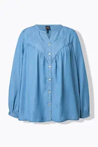 Jeansbluse, Stickerei, A-Linie, V-Ausschnitt, Langarm