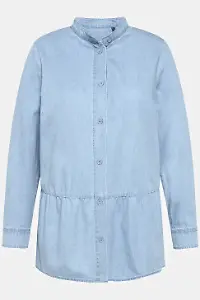 Jeansbluse, Volantsaum, A-Linie, Stehkragen, Langarm