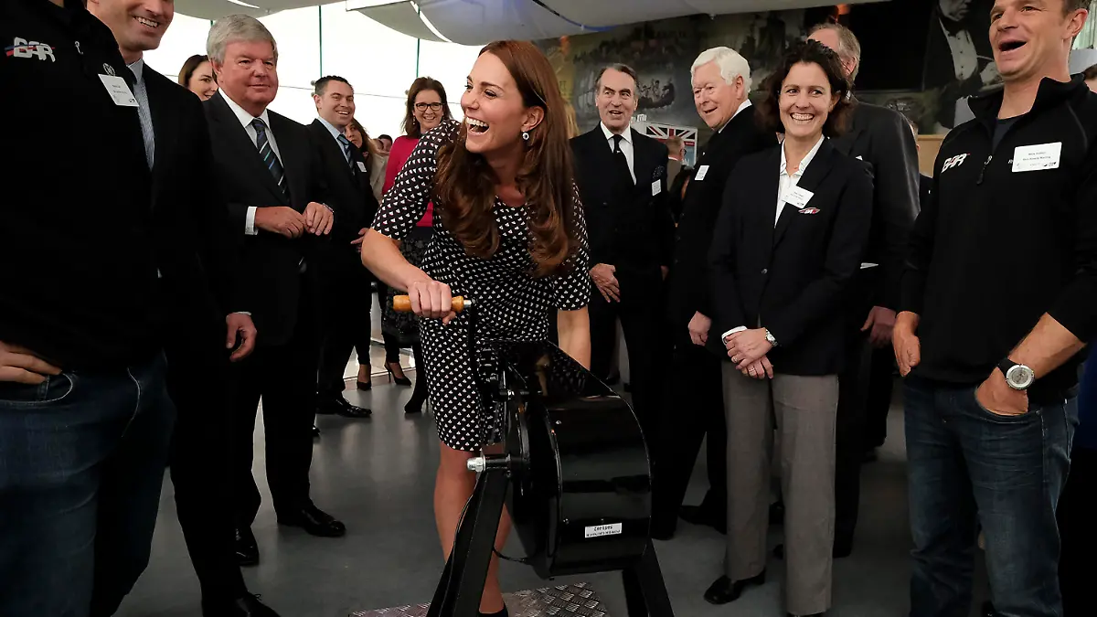 Catherine, Duchess of Cambridge tries her hand on a sailing winch simulator as part of a visit to Portsmouth to see the progress of building work on the new home of Ben Ainslie Racing at the Spinnaker Tower in Portsmouth, Hampshire, UK.