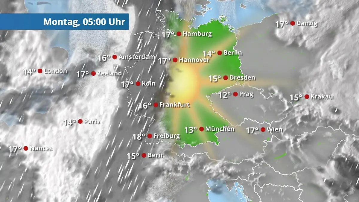 Regenwand kommt aus dem Westen, der Osten im Sonnenglück Der Regen- und Wolkenfilm für 48 Stunden