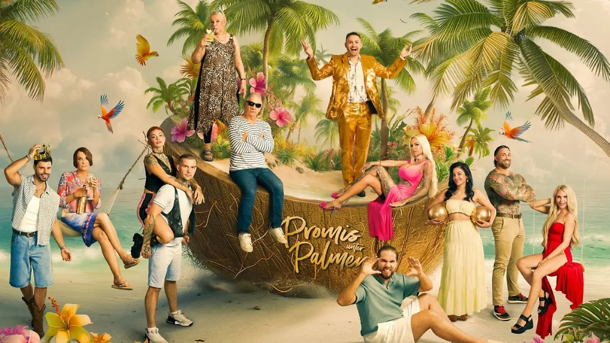 Claude-Oliver Rudolph (6.v.l.) und der restliche „Promis unter Palmen”-Cast.