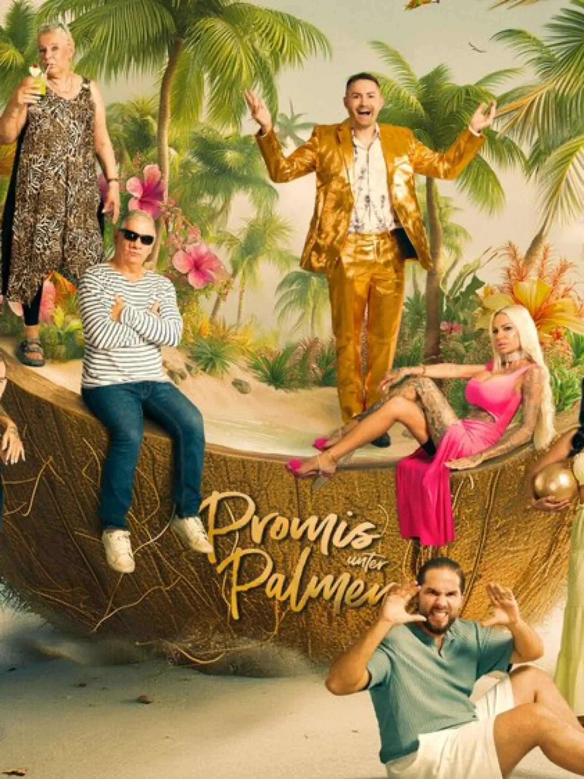Claude-Oliver Rudolph (6.v.l.) und der restliche „Promis unter Palmen”-Cast.