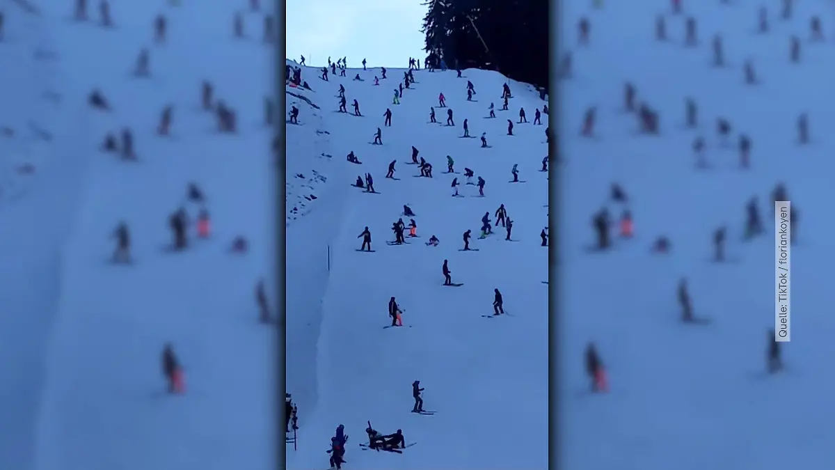 Ein TikTok-Video zeigt die proppenvolle Talabfahrt im Skigebiet in Ischgl.