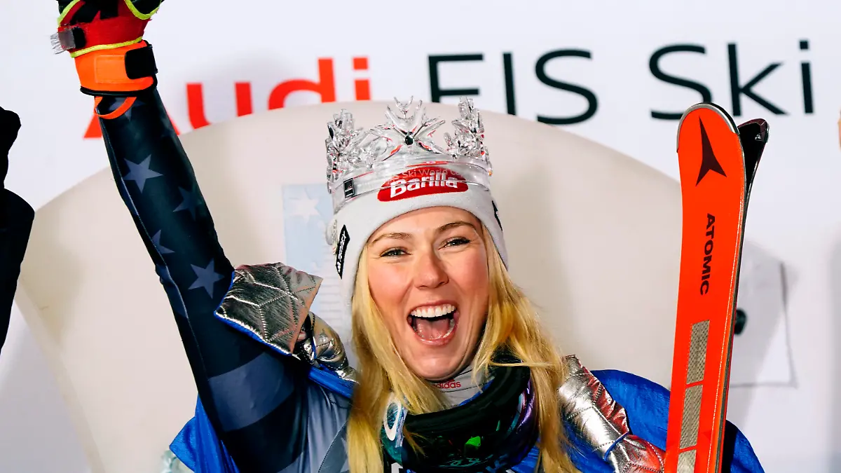 FILE - The winner United States' Mikaela Shiffrin celebrates after an alpine ski, women's World Cup slalom race, in Zagreb, Croatia, Wednesday, Jan. 4, 2023. On Sunday Jan. 8, 2023, Mikaela Shiffrin has matched Lindsey Vonn’s women’s World Cup skiing record with her 82nd win at the women's World Cup giant slalom race in Kranjska Gora, Slovenia,. (AP Photo/Piermarco Tacca, File)