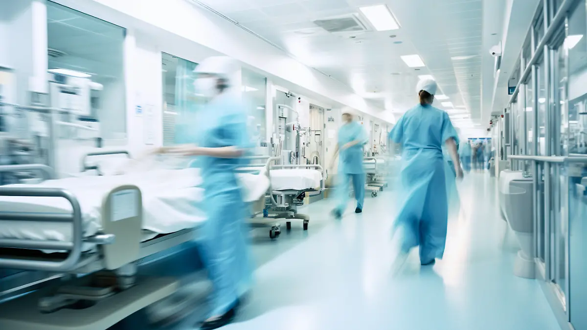 Long exposure blurred motion of medical doctors and nurses in a hospital ward wearing blue aprons, walking down a corridor - Generative AI