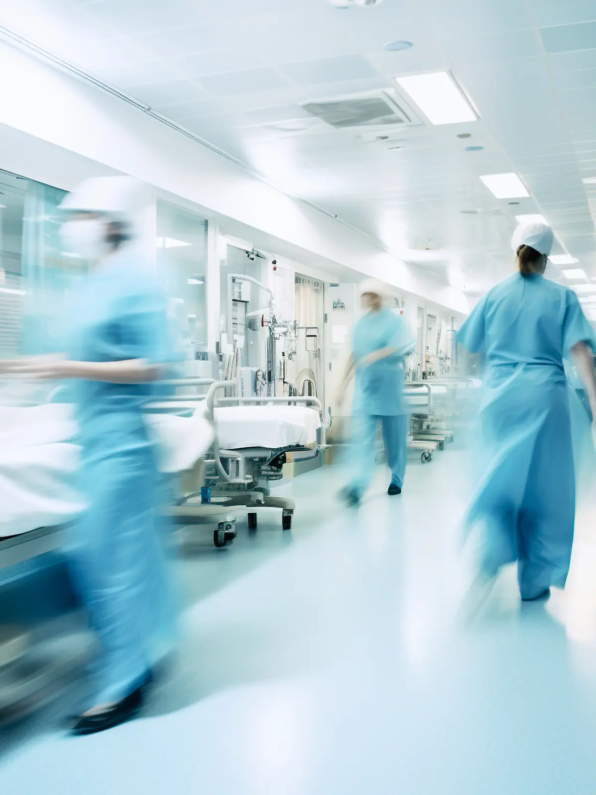 Long exposure blurred motion of medical doctors and nurses in a hospital ward wearing blue aprons, walking down a corridor - Generative AI