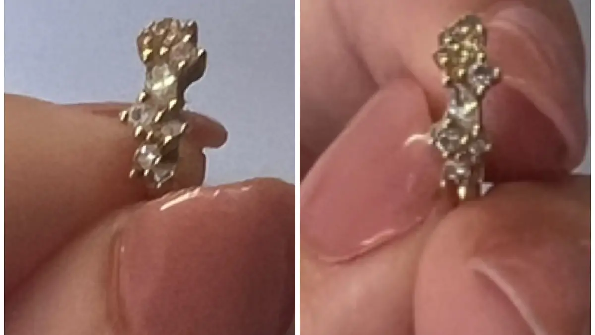 Links ist das Vorher-Bild des Ohrrings, rechts das Nachher-Bild mit dem Gerät von Sanitas.