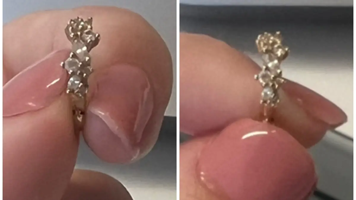 Links ist das Vorher-Bild des Ohrrings, rechts das Nachher-Bild mit dem Gerät von KECOOLKE.