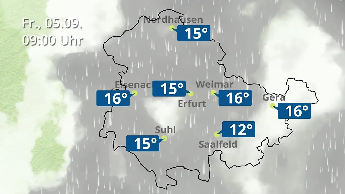 Thüringen: Wie wird das Wetter? Regen- und Wolkenfilm für Erfurt, Gera und Eisenach
