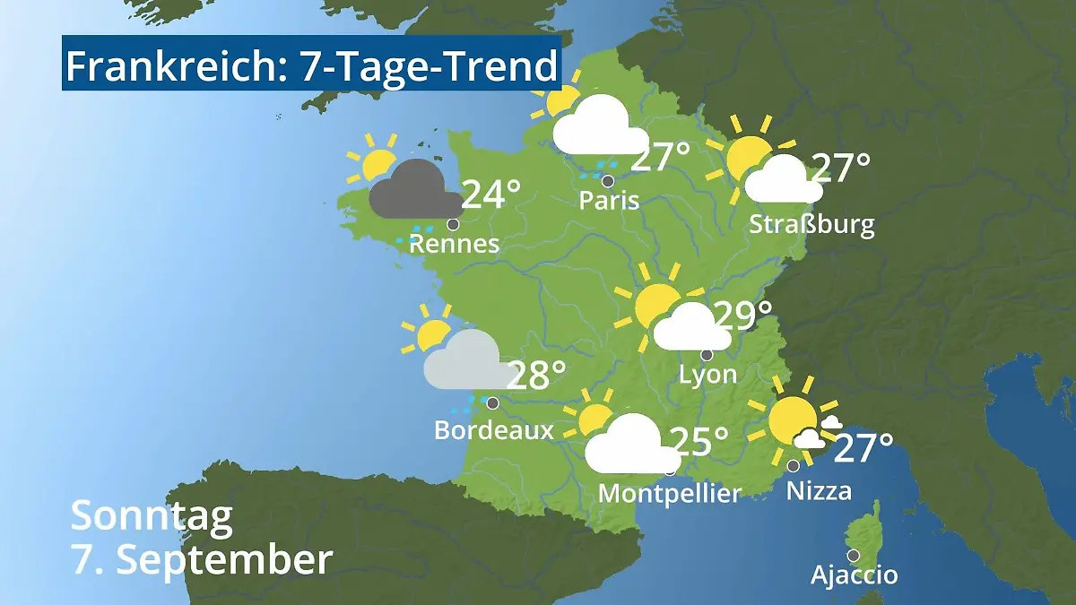 Frankreich: Wie wird das Wetter? Video 7-Tage-Trend: Paris, Straßburg, Nizza, Korsika
