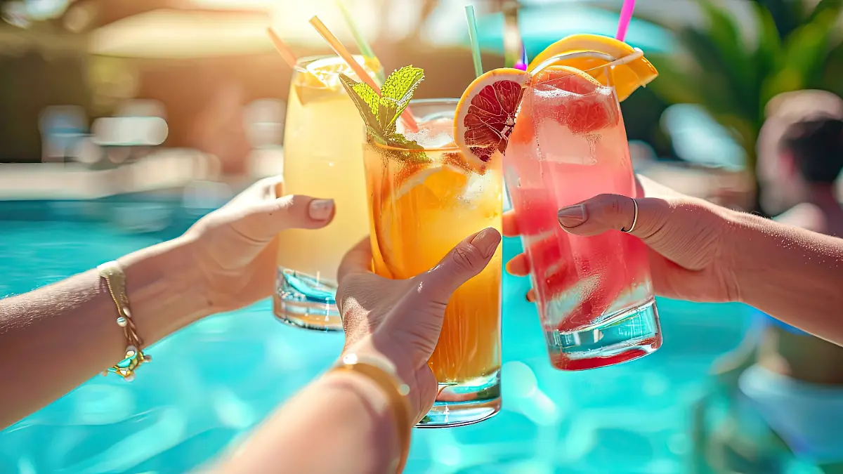 Ein Foto einer Nahaufnahme von Händen, die bei einer Poolparty mit Sommercocktails anstoßen, vor einem sonnigen, erfrischenden Hintergrund.