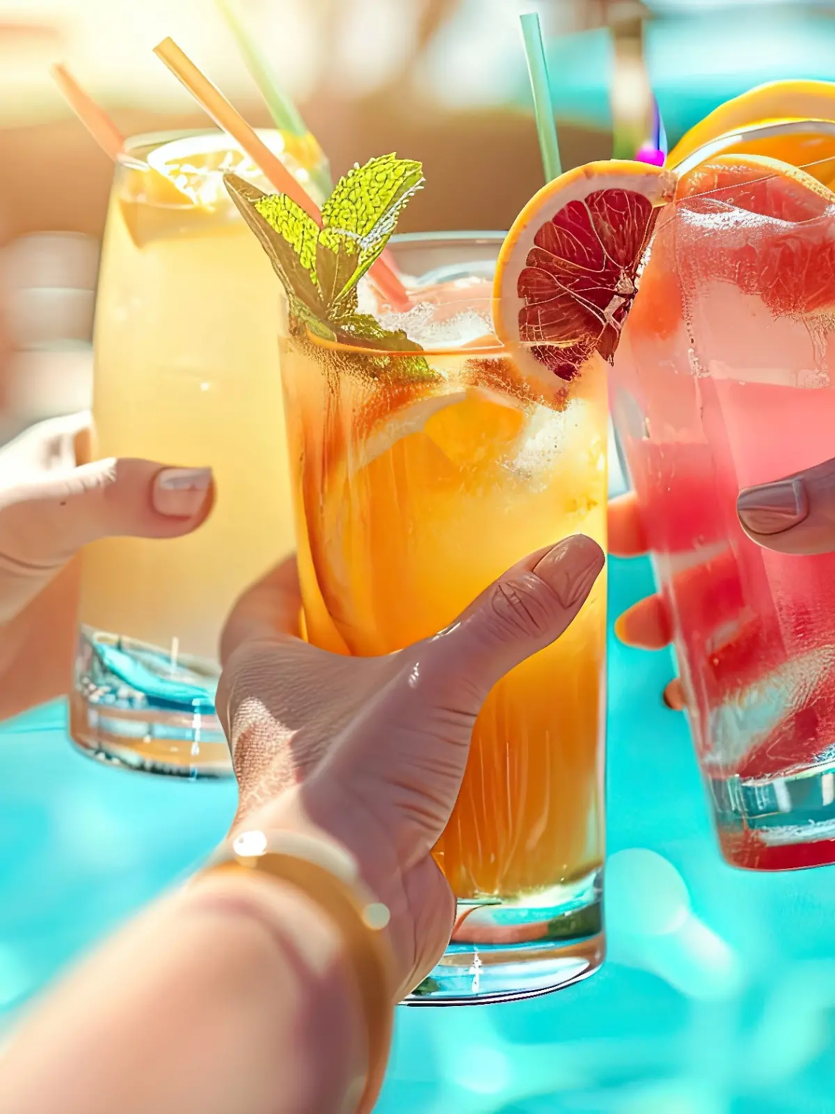Ein Foto einer Nahaufnahme von Händen, die bei einer Poolparty mit Sommercocktails anstoßen, vor einem sonnigen, erfrischenden Hintergrund.