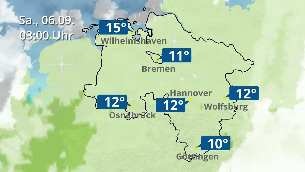 Bremen und Niedersachsen: Wie wird das Wetter? Regen- und Wolkenfilm für Hannover, Osnabrück und Wolfsburg
