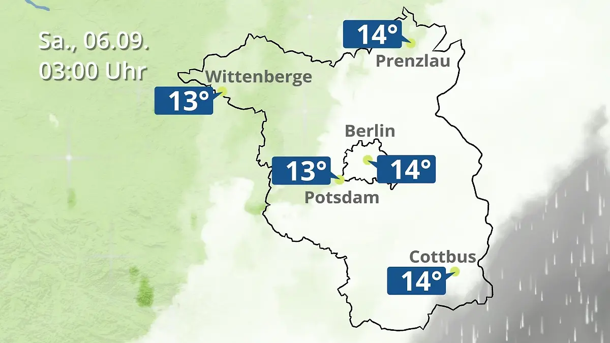 Berlin und Brandenburg: Wie wird das Wetter? Regen- und Wolkenfilm für Potsdam, Cottbus und Wittenberge