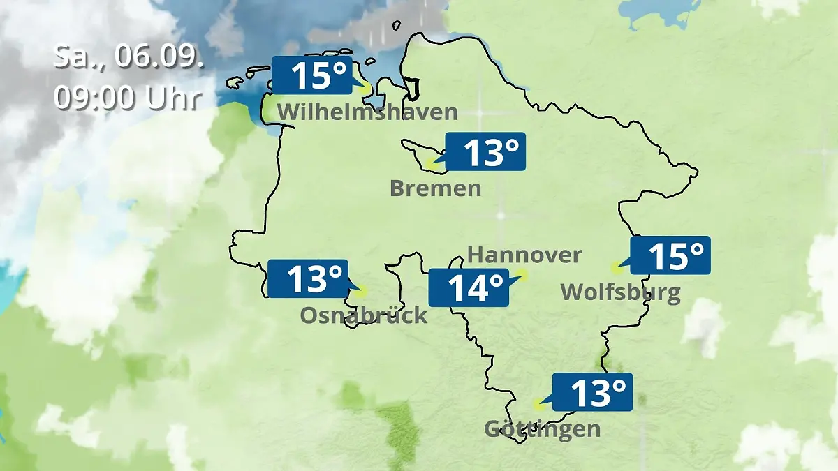 Bremen und Niedersachsen: Wie wird das Wetter? Regen- und Wolkenfilm für Hannover, Osnabrück und Wolfsburg